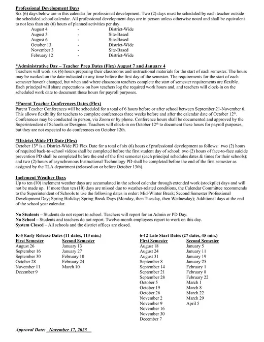 WCS Staff 2026–2027 Academic Calendar Page 2