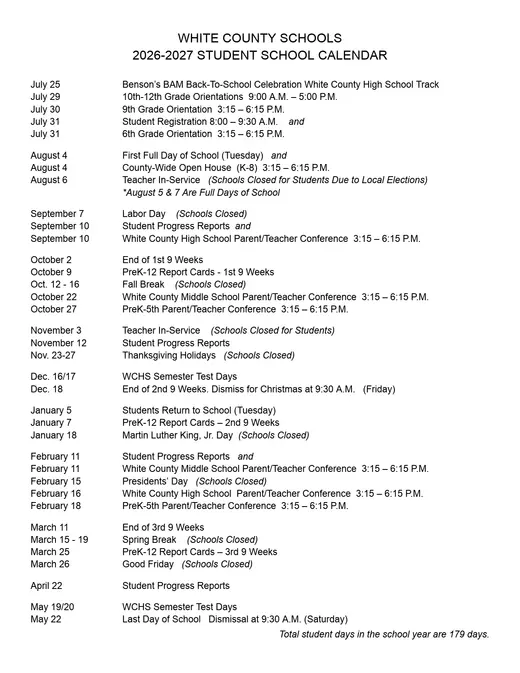 White County Schools 2026–2027 Academic Calendar Page 1