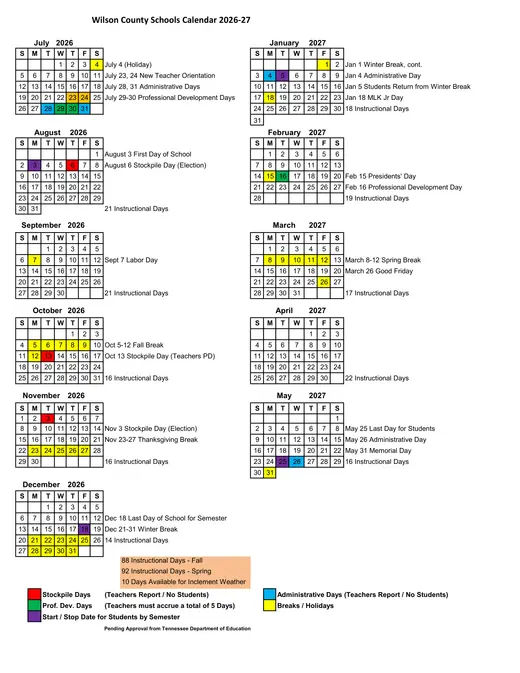 Wilson County Schools 2026–2027 Academic Calendar Page 3
