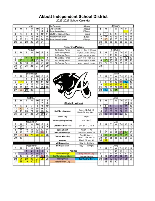 Abbott Independent School District 2026–2027 Academic Calendar Page 1