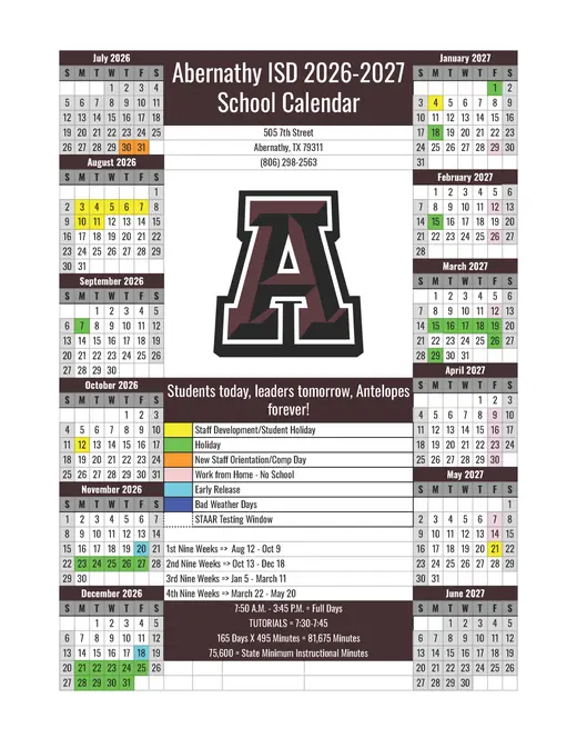 Abernathy ISD 2026–2027 Academic Calendar Page 1