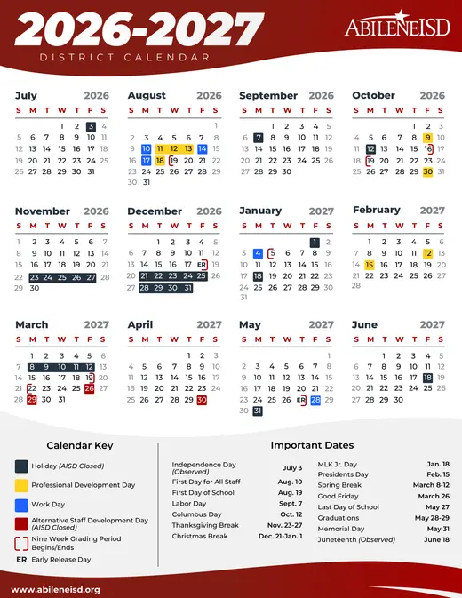 Abilene ISD 2026–2027 Academic Calendar