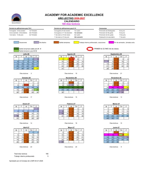 Academy for Academic Excellence 2026–2027 Academic Calendar Page 1