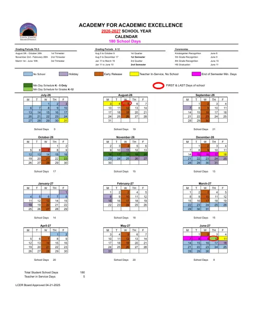 Academy for Academic Excellence 2026–2027 Academic Calendar Page 2