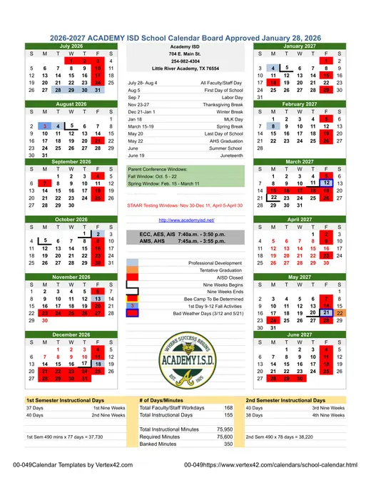 Academy ISD 2026–2027 Academic Calendar