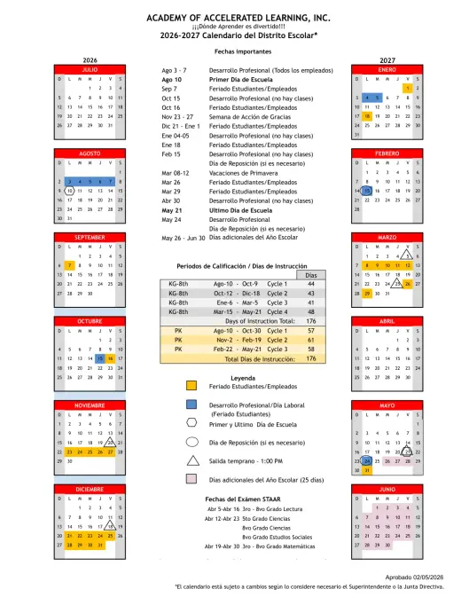 Academy of Accelerated Learning Inc 2026–2027 Academic Calendar Page 1