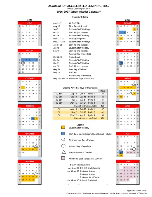 Academy of Accelerated Learning Inc 2026–2027 Academic Calendar Page 2