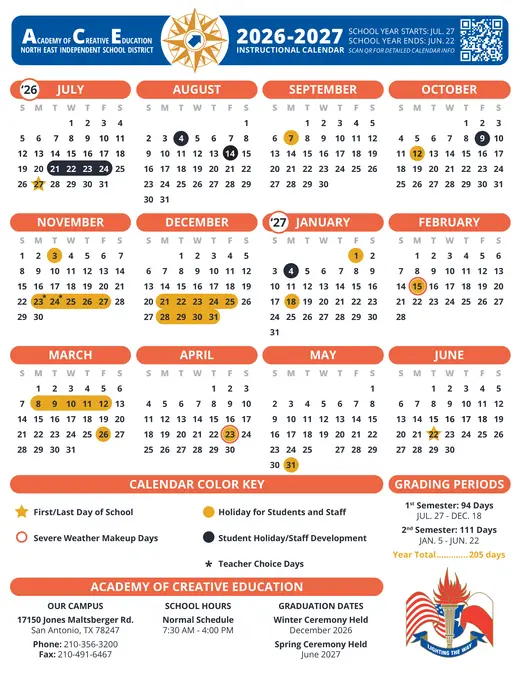 Academy of Creative Education 2026–2027 Academic Calendar Page 1