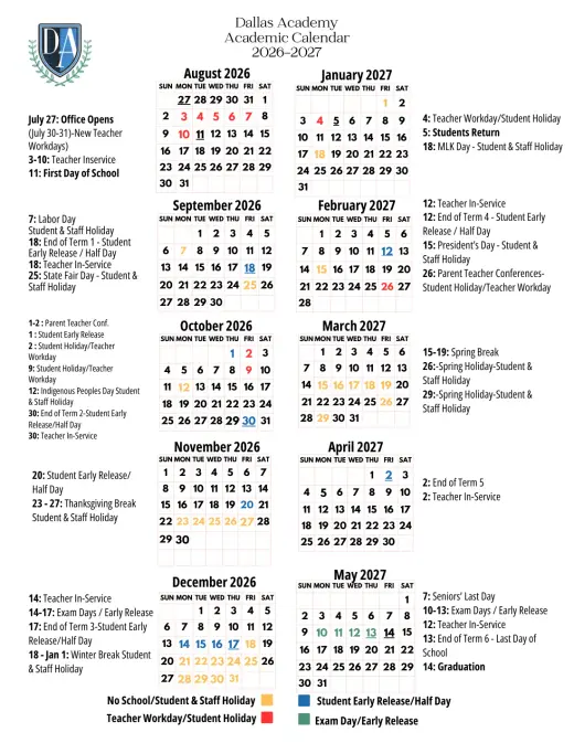 Academy of Dallas 2026–2027 Academic Calendar Page 1