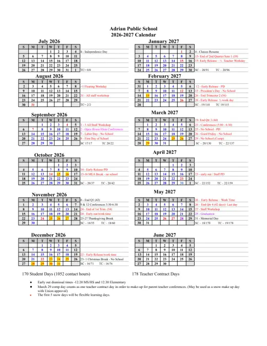 Adrian ISD 2026–2027 Academic Calendar Page 1