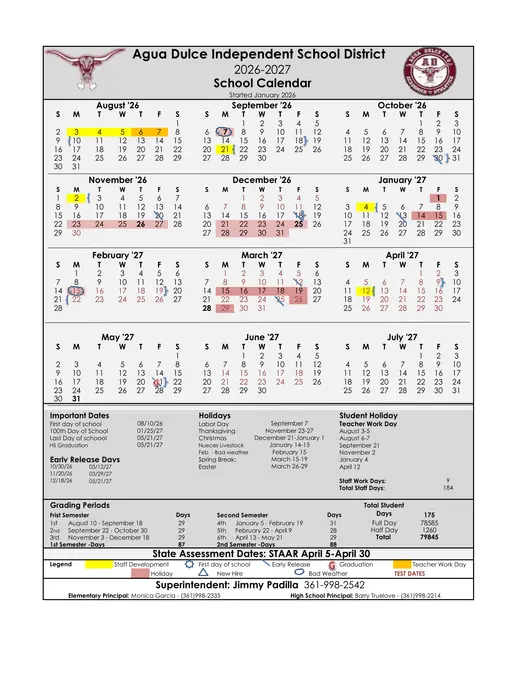 Agua Dulce Independent School District 2026–2027 Academic Calendar Page 1