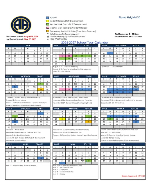 Alamo Heights ISD 2026–2027 Academic Calendar