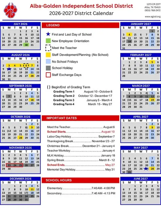 Alba-Golden Independent School District 2026–2027 Academic Calendar Page 1