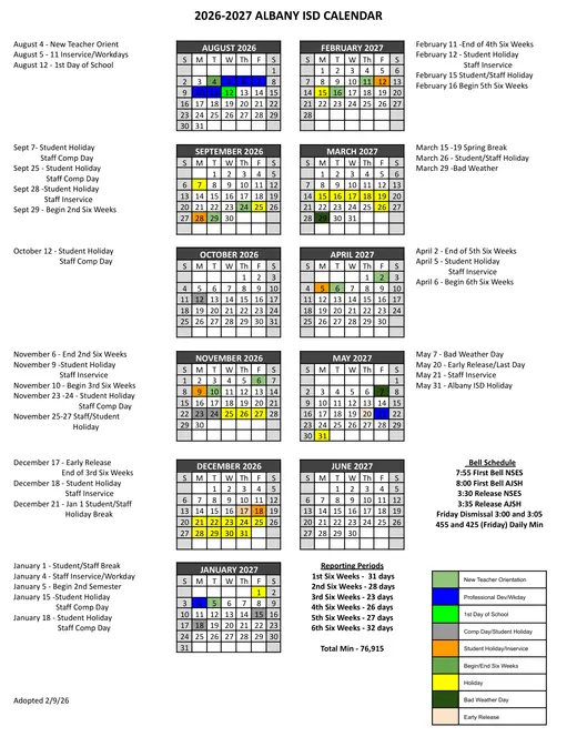 Albany ISD 2026–2027 Academic Calendar Page 1
