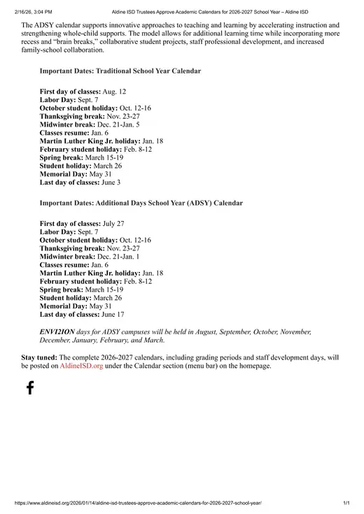Aldine ISD 2026–2027 Academic Calendar