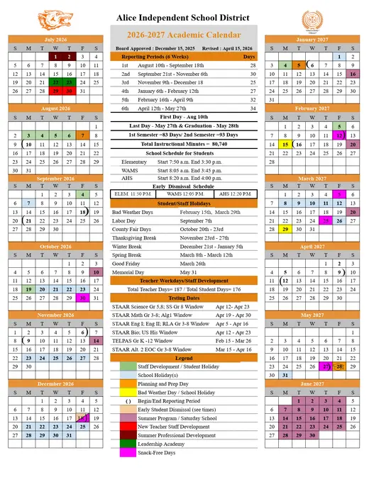 Alice Independent School District 2026–2027 Academic Calendar Page 1