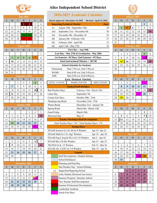 Alice ISD 2026–2027 Academic Calendar