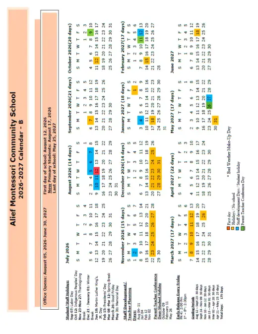 Alief Montessori Community School 2026–2027 Academic Calendar Page 1