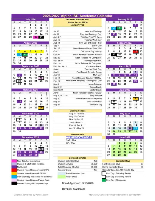 Alpine ISD 2026–2027 Academic Calendar