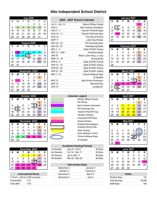 Alto ISD 2026–2027 Academic Calendar Page 1