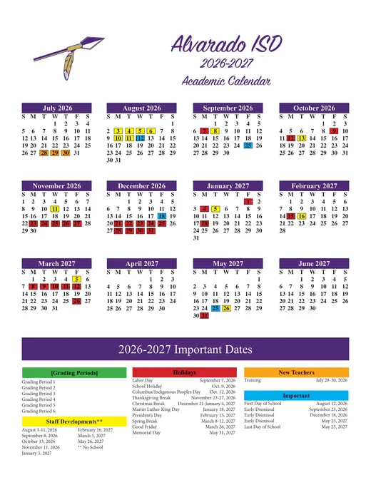Alvarado ISD 2026–2027 Academic Calendar