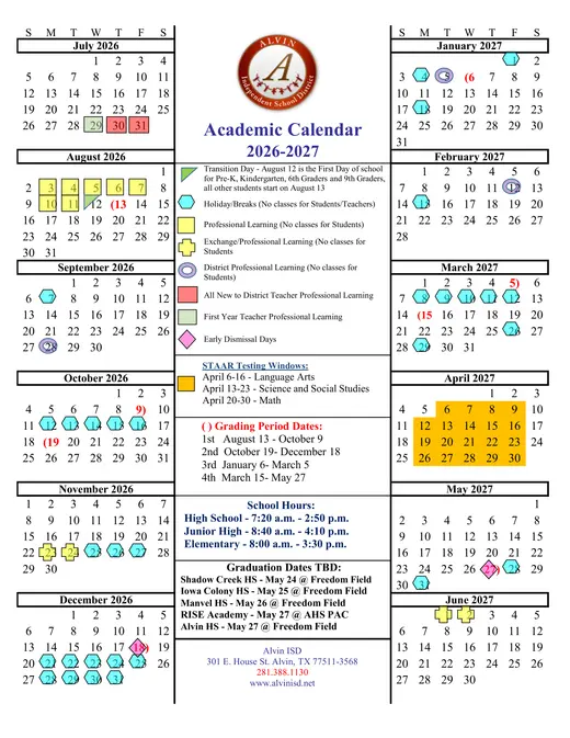 Alvin Independent School District 2026–2027 Academic Calendar
