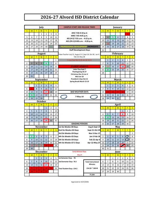 Alvord ISD 2026–2027 Academic Calendar Page 1