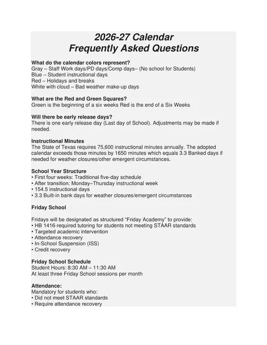 Alvord ISD 2026–2027 Academic Calendar Page 2