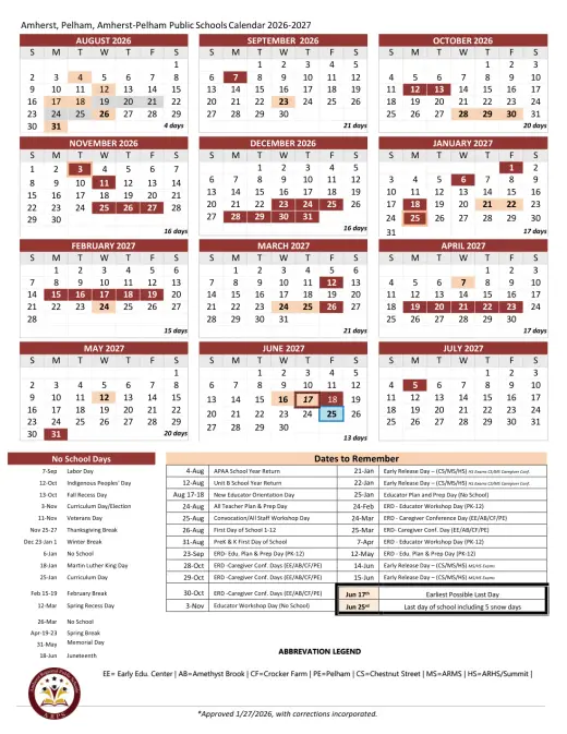 Amherst ISD 2026–2027 Academic Calendar Page 2