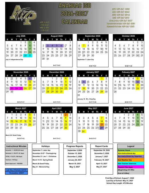 Anahuac ISD 2026–2027 Academic Calendar