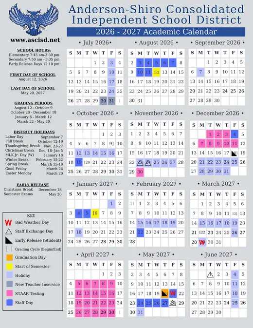 Anderson-Shiro Consolidated Independent School District 2026–2027 Academic Calendar