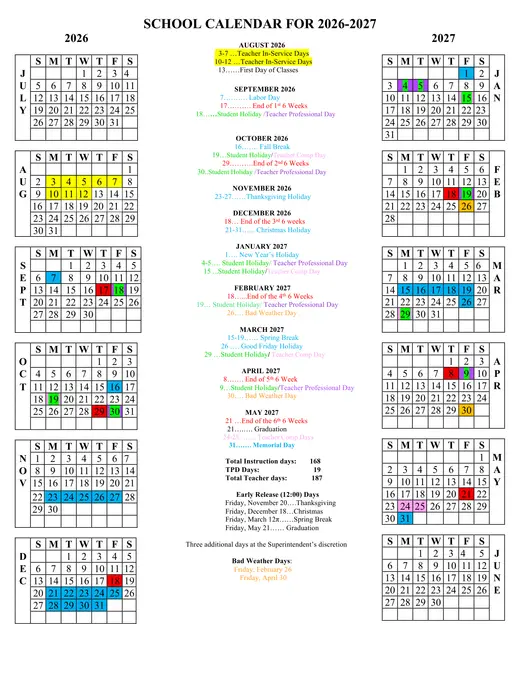 Andrews Independent School District 2026–2027 Academic Calendar Page 1