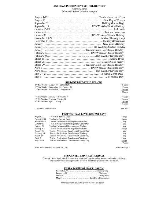 Andrews Independent School District 2026–2027 Academic Calendar Page 2