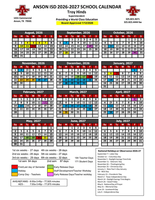 Anson ISD 2026–2027 Academic Calendar