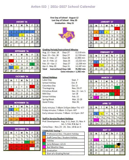 Anton ISD 2026–2027 Academic Calendar Page 1