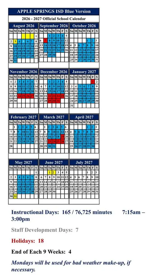 APPLE SPRINGS ISD Blue Version 2026–2027 Academic Calendar Page 2