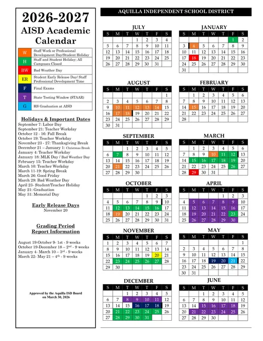 Aquilla Independent School District 2026–2027 Academic Calendar
