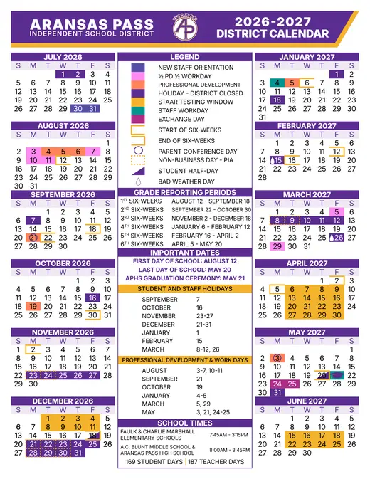 Aransas Pass Independent School District 2026–2027 Academic Calendar