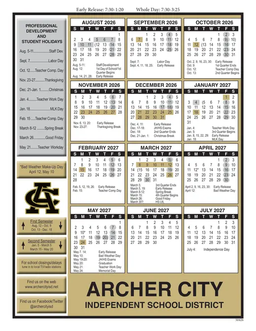 Archer City Independent School District 2026–2027 Academic Calendar
