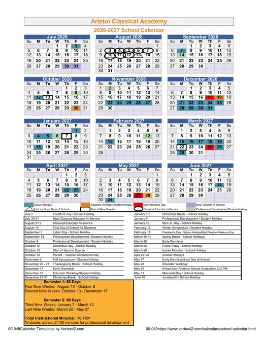 Aristoi Classical Academy 2026–2027 Academic Calendar