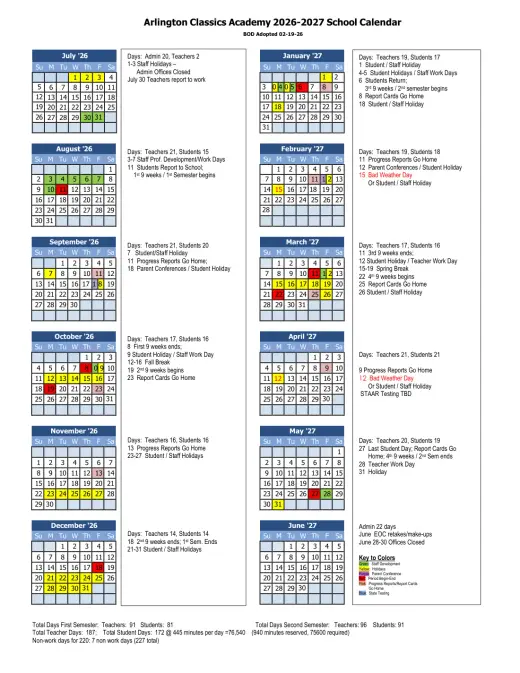 Arlington Classics Academy 2026–2027 Academic Calendar Page 1