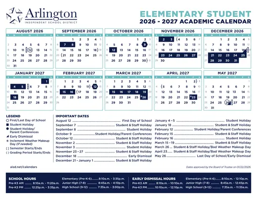 Arlington Independent School District 2026–2027 Academic Calendar Page 1