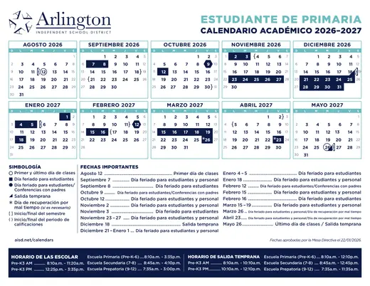 Arlington Independent School District 2026–2027 Academic Calendar Page 2