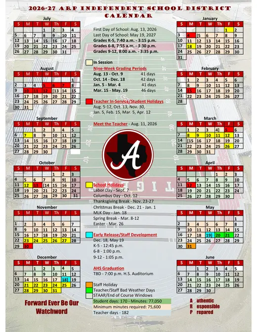 Arp Independent School District 2026–2027 Academic Calendar