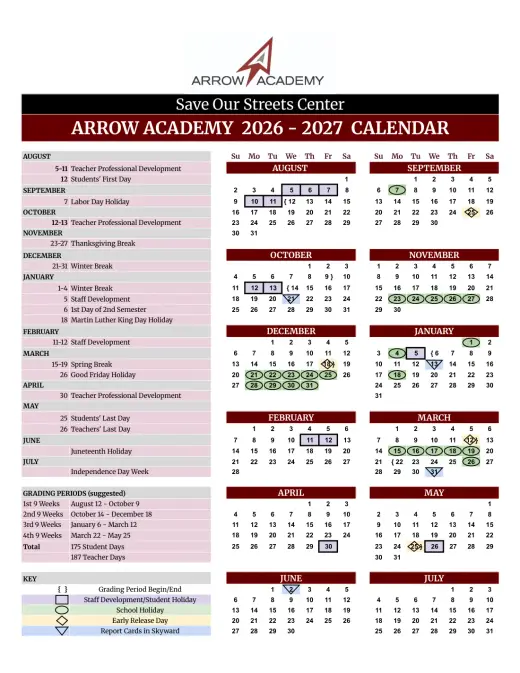 Arrow Academy 2026–2027 Academic Calendar Page 1