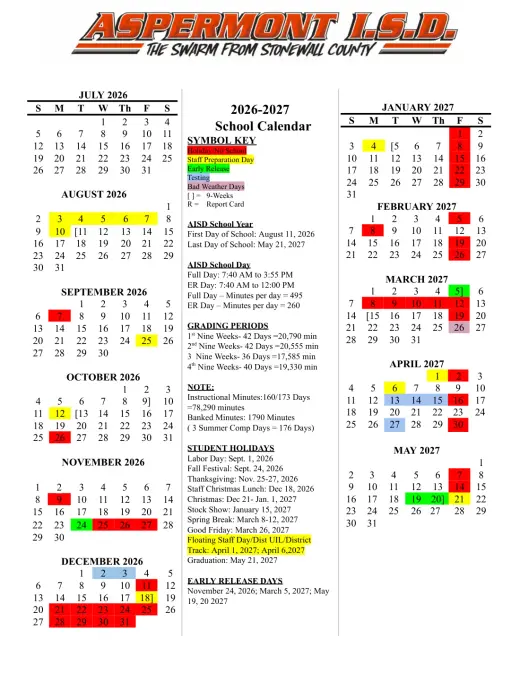 Aspermont ISD 2026–2027 Academic Calendar Page 1
