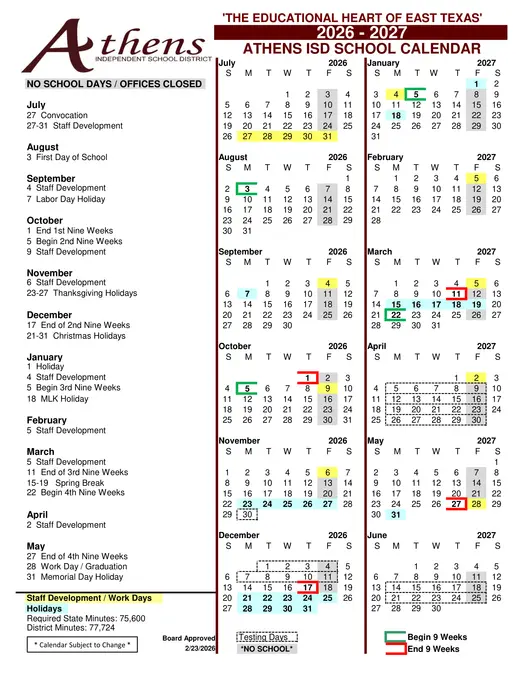 Athens Independent School District 2026–2027 Academic Calendar