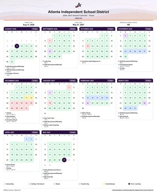 Atlanta Independent School District 2026–2027 printable school calendar — every month on one sheet