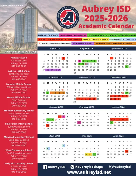 Aubrey ISD 2025–2026 Academic Calendar