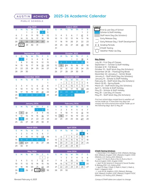 Austin Achieve Public Schools 2025–2026 Academic Calendar